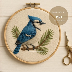 May include: An embroidery hoop with a detailed blue jay design, perched on a branch with green needles. The text "EMBROIDERY PDF TEMPLATE" is visible. Gold-colored scissors are placed to the side.
