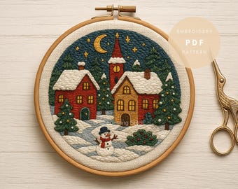 Winter Dorf Hand-Stickerei-Muster • PDF Vorlage • Weihnachts-Stickerei-Kunst
