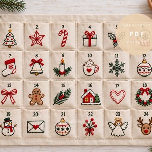 Julbroderimönster med pinne och sömmar, 24 mini-adventsmotiv, vattenlösliga broderidesigner, nybörjarjulmönster i PDF-format