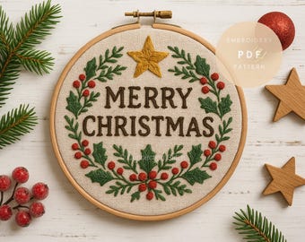Christmas Wreath Embroidery Pattern | Merry Christmas Hoop PDF