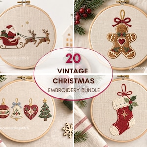 Può includere: Una collezione di quattro telai da ricamo circolari in legno con disegni natalizi su tessuto chiaro. I motivi includono Babbo Natale su una slitta con renne, un omino di pan di zenzero, decorazioni festive e una calza rossa con agrifoglio.