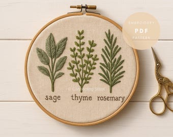 Sage, Thyme & Rosemary Hand Embroidery Pattern • Botanical PDF Template • Herb Embroidery Design • Beginner Friendly