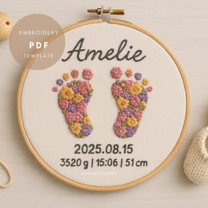 Può includere: Un telaio da ricamo circolare in legno con tessuto bianco che riporta il nome Amelie, due impronte di piedi di neonato a motivi floreali, la data 2025.08.15 e il testo 3520 g | 15:06 | 51 cm. Accanto si trovano una clip portaciuccio e due scarpine.