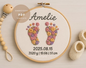 Personalized Baby Footprint Embroidery Pattern: Custom Birth Stats DIY Hoop Art (PDF)