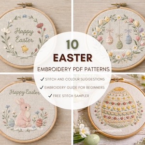 10 Easter Embroidery Patterns – Bunny, Lamb, Floral Eggs, Cross (PDF Download)