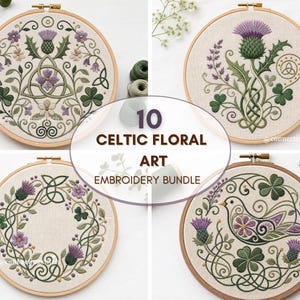 May include: Four circular wooden embroidery hoops containing fabric with stitched designs of purple thistles, green shamrocks, and Celtic knot patterns. The centre text reads 10 CELTIC FLORAL ART EMBROIDERY BUNDLE. The designs feature floral motifs.