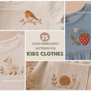 Peut inclure: Un collage de vêtements pour enfants avec des broderies faites à la main. On y voit un oiseau sur une branche, une fraise, un canard et un escargot. Le texte indique "25 Motifs de broderie à la main pour vêtements d'enfants."