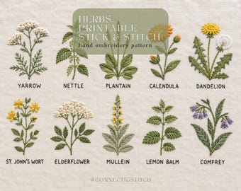 Op de afbeelding: Een verzameling van tien geborduurde botanische illustraties op stof, met duizendblad, brandnetel, weegbree, goudsbloem, paardenbloem, sint-janskruid, vlierbloesem, toorts, citroenmelisse en smeerwortel. Tekst: HERBS PRINTABLE STICK & STITCH.