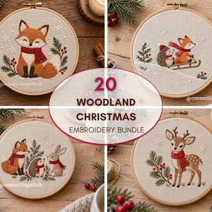 May include: A collection of four circular embroidery hoops featuring woodland animals including a fox, a hedgehog, and a deer, with festive winter elements like scarves and snowflakes. The central text reads 20 WOODLAND CHRISTMAS EMBROIDERY BUNDLE.