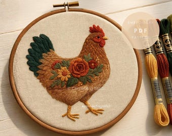 Floral Chicken Embroidery Pattern – PDF Template for Hand Embroidery