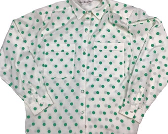 Vintage 1980s/90s 100% polyester Polkadot button front blouse. Shoulder pads. High-quality. Made by chic changeables. 14/ medium