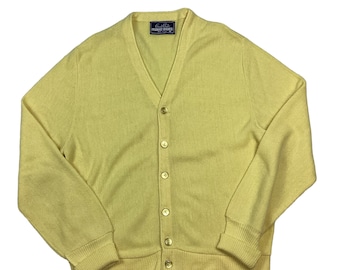 Vintage Robert bruce button front cardigan sweater. Made in the USA. Sunny, yellow color way. 1970/80s. Tagged as a medium.