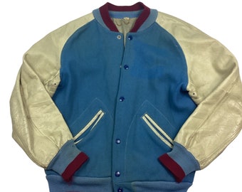 Varsity 50s/60s wool/leather Lasley varsity jacket. Made in the USA. Fully lined. Measured as a medium. Blue. Red. White