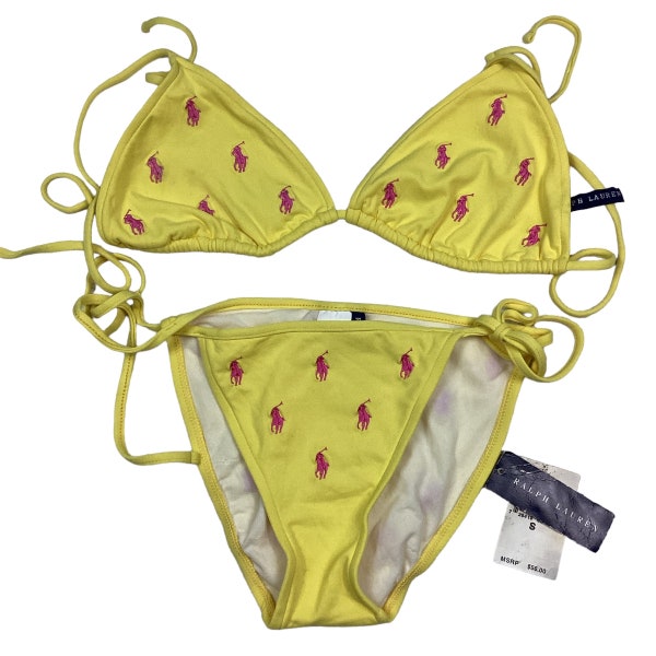 Y2K Ralph Lauren yellow/pink bikini. Tag removed for garment washing, but has never been worn. Tagged as a small. No rips or tears.