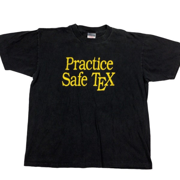 Vintage 90s Practice Safe Tex single stitch tshirt. Made in the USA. Large front graphic, tagged as a large.