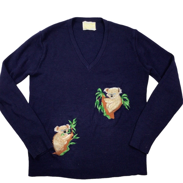 Vintage 1960s/70s Argenti Koala sweater. Stitched graphic. 100% acrylic. Deep navy. Measures as a women’s xs.