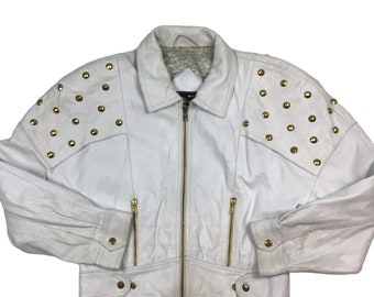 Vintage 80s/90s Creazioni Alta Moda white leather studded Moto jacket. Made in Italy. Fully lined. High-quality. Shoulder pads.