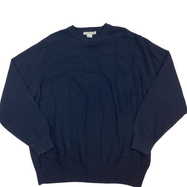 Vintage Geoffrey Beene cable knit sweater. Made in Hong Kong. Deep navy. XXL. Blue