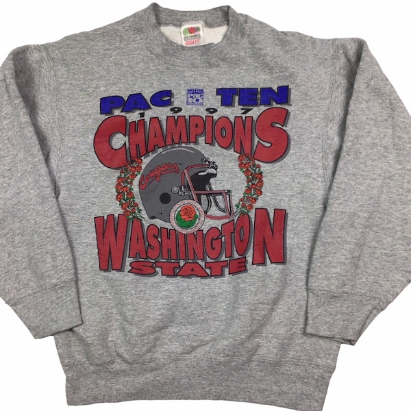 Vintage Washington State Cougars 1997 Pac-10 Champions Crewneck sweatshirt.  Large front graphic. High-quality. Measures as a small.