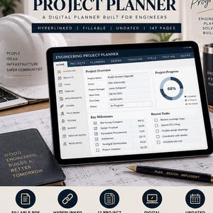 Op de afbeelding: Een digitale tablet met een interface voor een engineering projectplanner, inclusief projectoverzicht, voortgangsgrafieken en takenlijsten. Het scherm toont navigatietabbladen, een zwarte pen en een notitieboek liggen in de buurt.