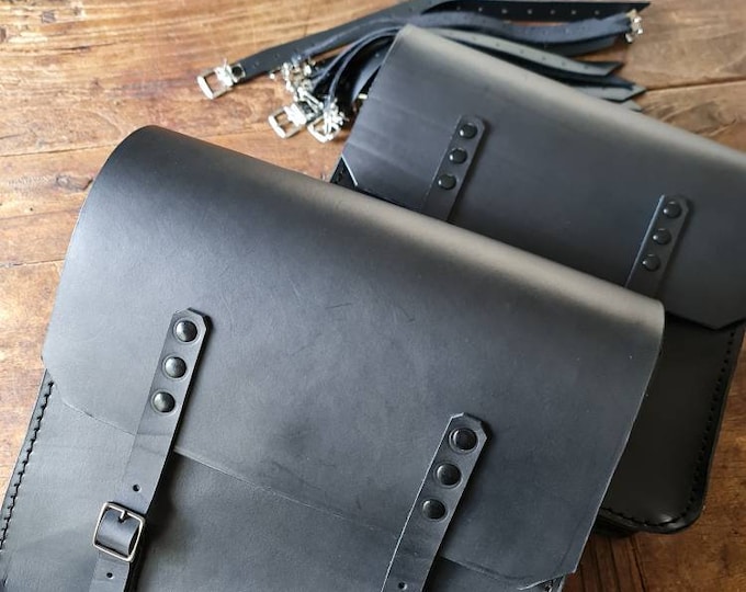2 Black 4mm leather panniers ideal for Transformations Cafe racer Scrambler Triumph Boneville Bmw