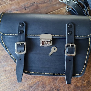 Moto Guzzi V7 right side bag cafe racer scrambler. BLACK leather with gold stitching and key lock