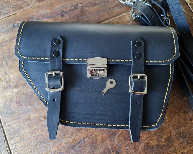 Moto Guzzi V7 right side bag cafe racer scrambler. BLACK leather with gold stitching and key closure