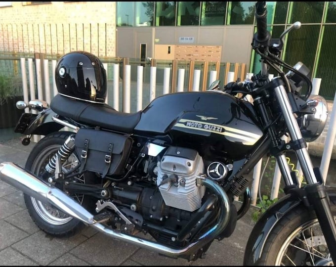 Moto Guzzi V7 right side bag. Black leather with red stitching. Hand-made in Italy.