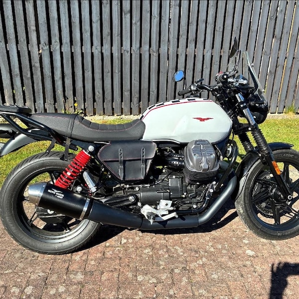 Moto Guzzi V7 850 Centenario right side bag. Black leather with red stitching. Hand-made in Italy.