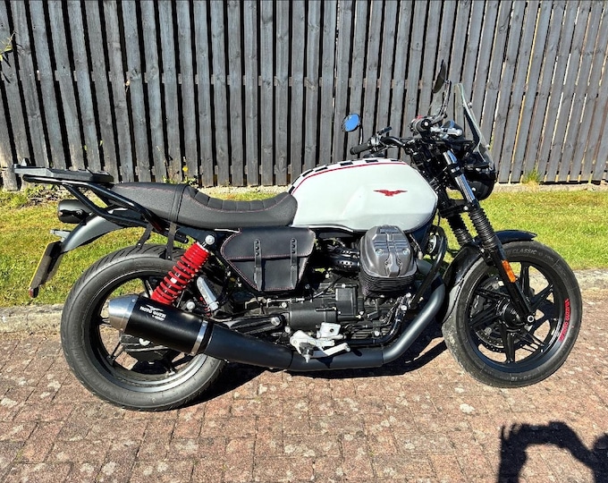 Moto Guzzi V7 850 Centenario right side bag. Black leather with red stitching. Hand-made in Italy.