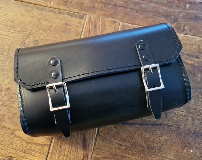 Motorcycle fork bag. Black leather.