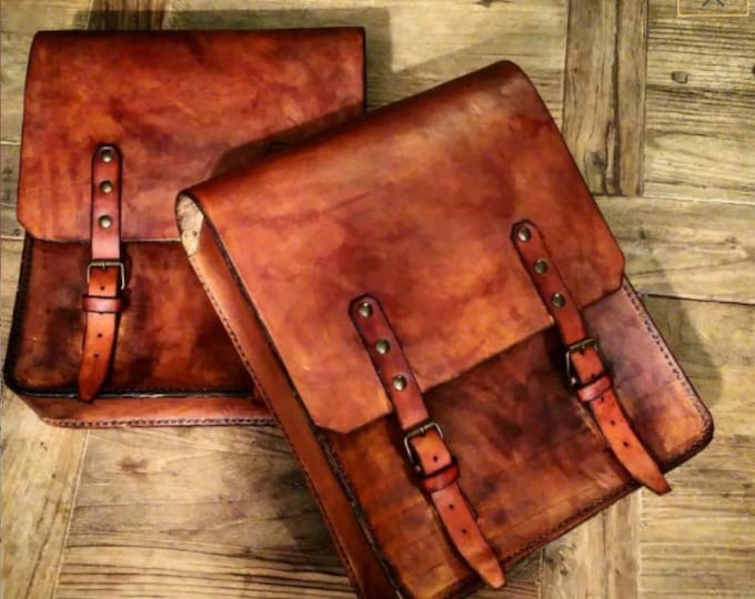 Cafe racer scrambler special side bag in heavy duty 5 mm aged leather
