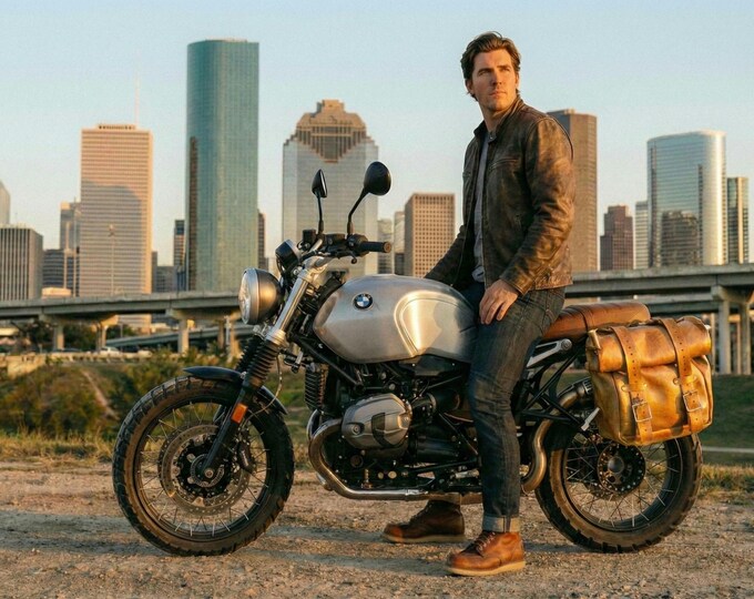 Borsa moto pelle color cuoio invecchiato roll up con supporto BMW per Bmw R nine T  Totalmente realizzato a mano.