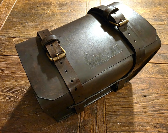 Piaggio Vespa top case in Tuscan leather. Dark walnut with logo. Handmade in Italy.
