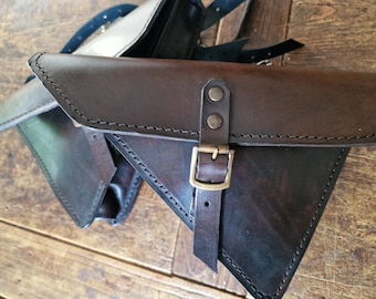 Ducati Scrambler left and right side panniers. Dark walnut leather color. Hand-made in Italy.