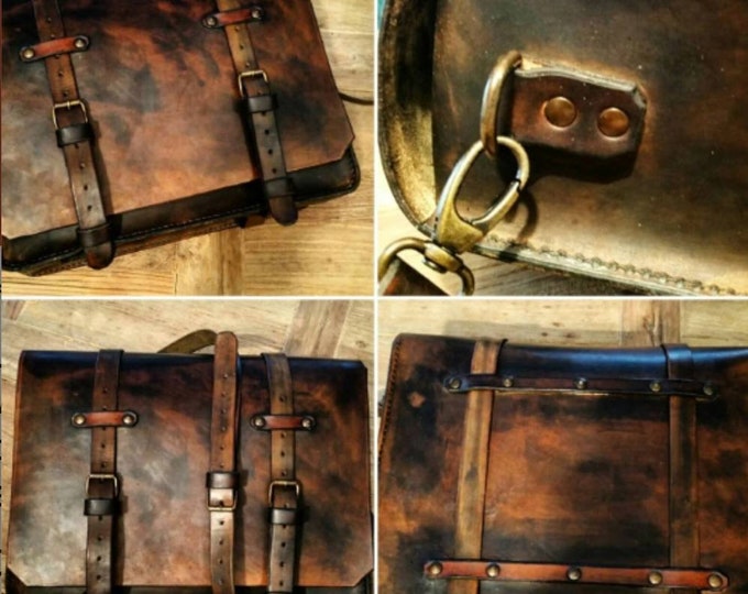 Leather Messenger bag vintage style. Deep aged brown color and patina effect. Hand made double use. Cafe racer scrambler.