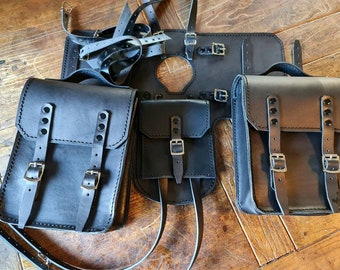 Pair of BMW R nine T tank bags for all models. Black Tuscan leather. Hand-made in Italy.
