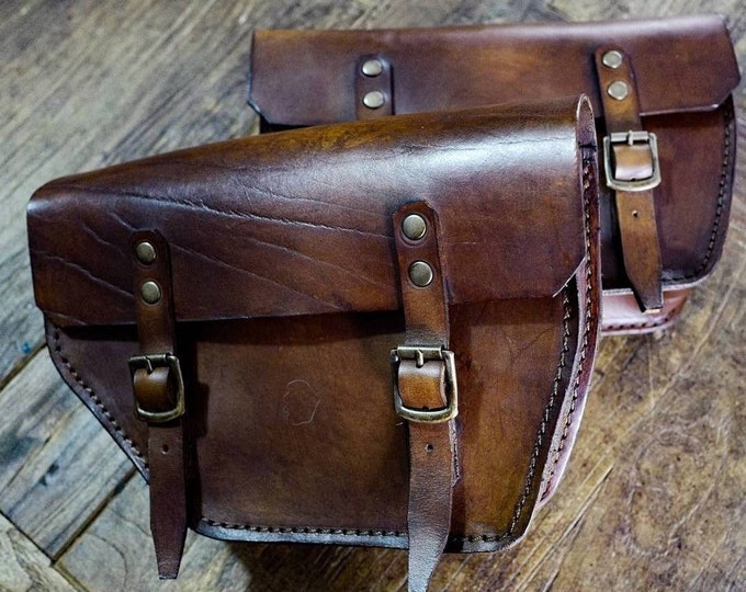 Moto Guzzi V7 right and left side bags cafe racer scrambler. Medium walnut colored leather