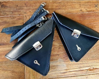 Ducati Scrambler left and right lockable side bags. Black leather. Hand-made in Italy.