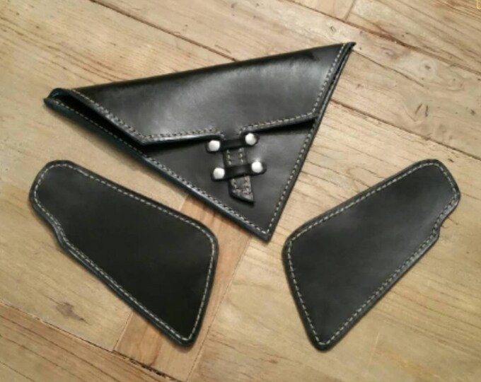 Bmw k series Cafe racer scrambler tank protectors black leather worked and document bag left frame.