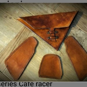 Bmw k75 k100Cafe racer scrambler tank protectors aged leather medium walnut and document bag left frame.