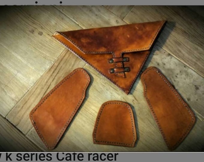 Bmw k75 k100Cafe racer scrambler tank protectors aged leather medium walnut and document bag left frame.