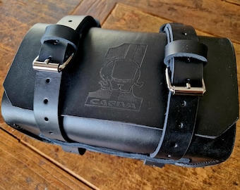 Enduro leather tool bag with Cagiva laser logo. Entirely handmade. Hand made in Italy.