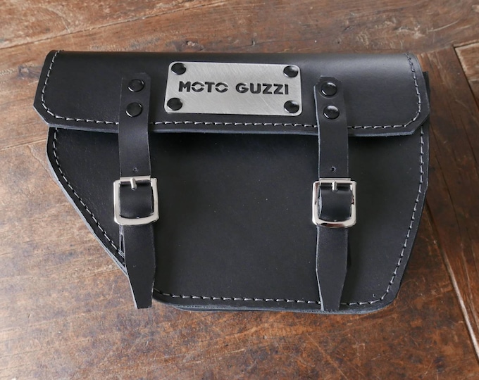 Moto Guzzi V7 right side bag cafe racer scrambler. BLACK leather with grey stitching