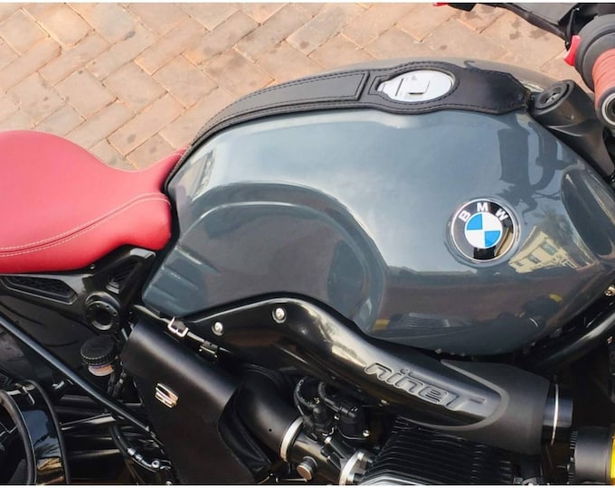 Bmw R nine T black leather tank strap Cafe Racer and Scrambler