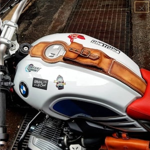 Bmw R nine T leather tank strap with documents holder Cafe Racer and Scrambler