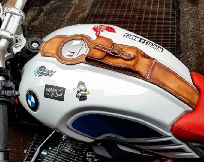 Bmw R nine T leather tank strap with documents holder Cafe Racer and Scrambler