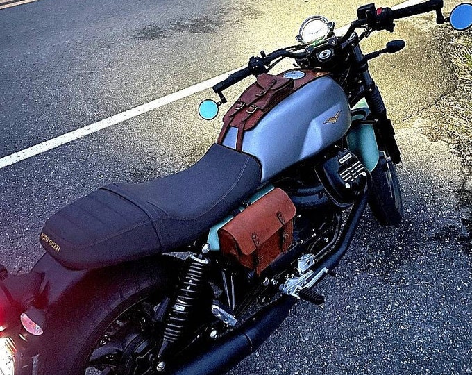 Moto Guzzi V7 right and left side bags is tank band café racer scrambler. Medium aged walnut leather