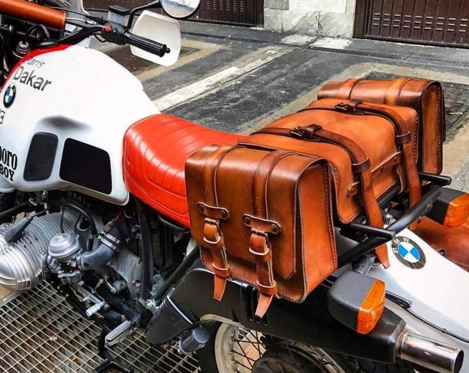 Tris enduro tool bags in leather bmw r80 g/s Paris Dakar
