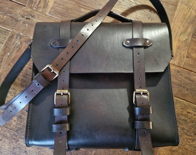 Aged dark walnut leather motorcycle satchel bag with kickfix system for Bmw R nine T